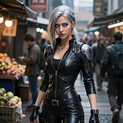 Fierce Female Cyborg in Cyberpunk Market
