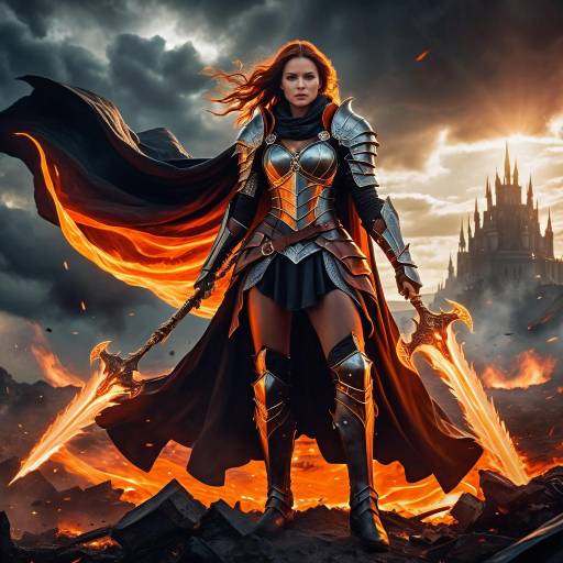 Fiery Warrior Woman in Battle Scene