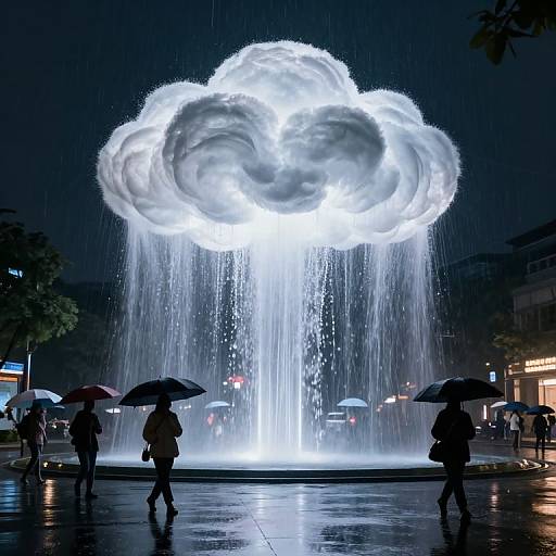Photograph of a night scene featuring a glowing, cloud-like water fountain with silhouetted people holding umbrellas below, raining water.