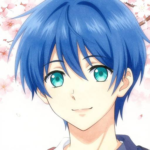 Anime-style digital drawing of a cute, blue-haired, green-eyed boy with a slight smile, against a white background with pink cherry blossoms.