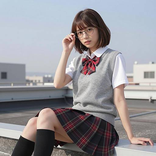 Japanese Schoolgirl Sitting on Rooftop