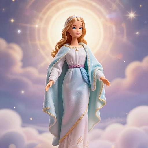 Digital illustration of a blonde angelic doll with blue eyes, wearing a light blue dress and matching cape, standing amid glowing clouds with a radiant halo in