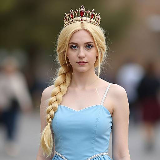 Photograph of a young blonde woman with a long braid, wearing a light blue dress and gold crown, standing outdoors with a blurred urban background.