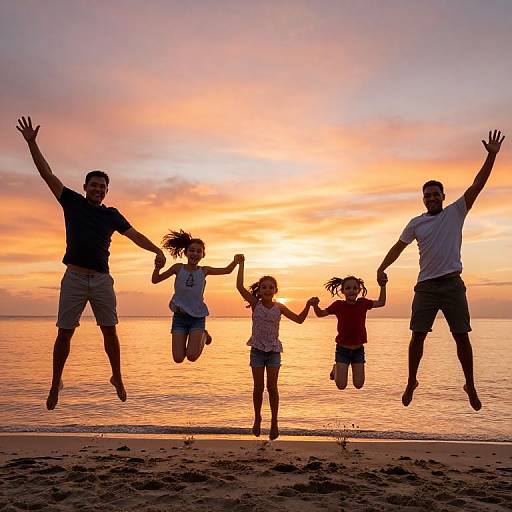 Photograph of a family of five silhouetted against a vibrant sunset, jumping on a beach with arms raised, holding hands, and a calm