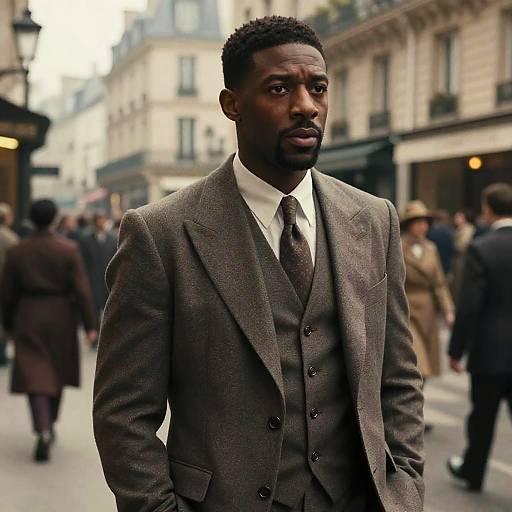 Photograph of a tall, Black man with short curly hair and a beard, wearing a brown three-piece suit, standing on a bustling, blurred Paris