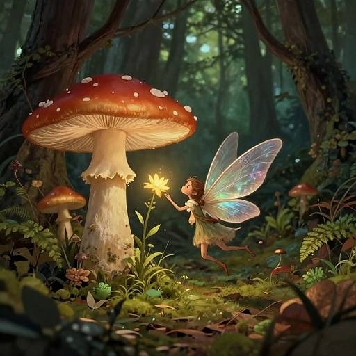 Fantastical forest scene: tiny fairy with iridescent wings holds glowing flower near large, red-spotted mushroom; dense, magical woodland background.