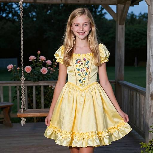 Photograph of a smiling, blonde, young girl in a yellow, floral-embroidered, puffed-sleeve dress, standing on a