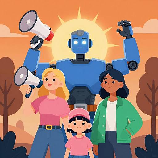 Dramatic Robotic Encounter Under Orange Sky