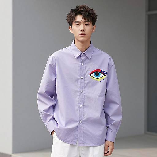 Young Man in Light Purple Shirt with Abstract Eye Design