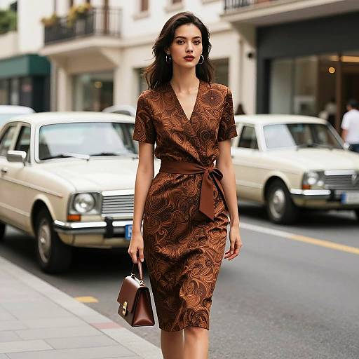 Fashionable woman in brown dress on urban street