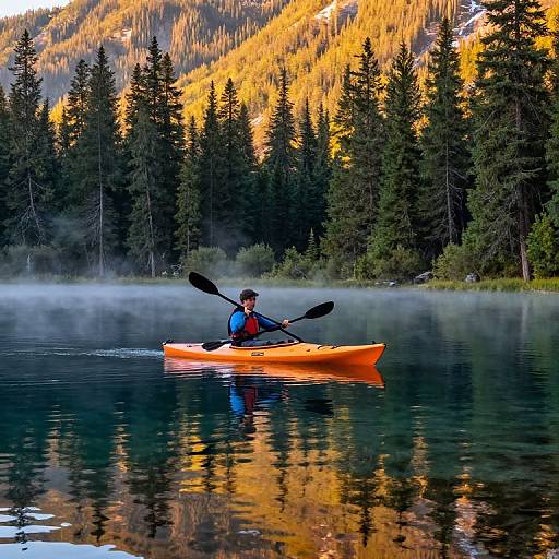 Photograph of a person in an orange kayak, rowing on a calm lake with mist, surrounded by tall evergreen trees, and golden sunlight illumin