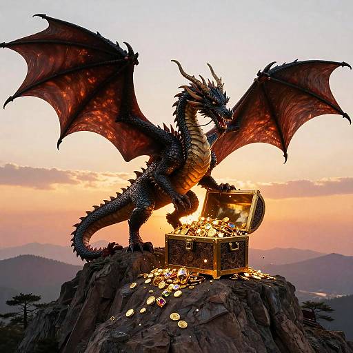 Dragon Guarding Treasure at Sunset
