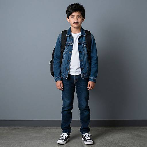 Photograph of a young Asian boy with dark hair and mustache, wearing a denim jacket, white t-shirt, blue jeans, and black and white