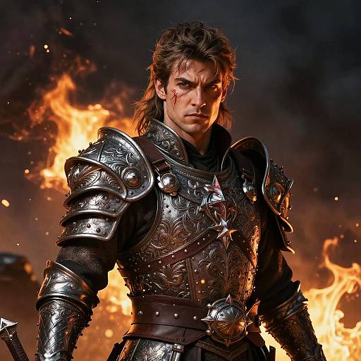 Photograph of a fierce, armored man with dirty brown hair and scars, standing against a fiery background, wearing intricate black steel armor.