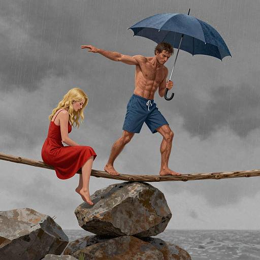 Man and woman balancing on rocks in rain