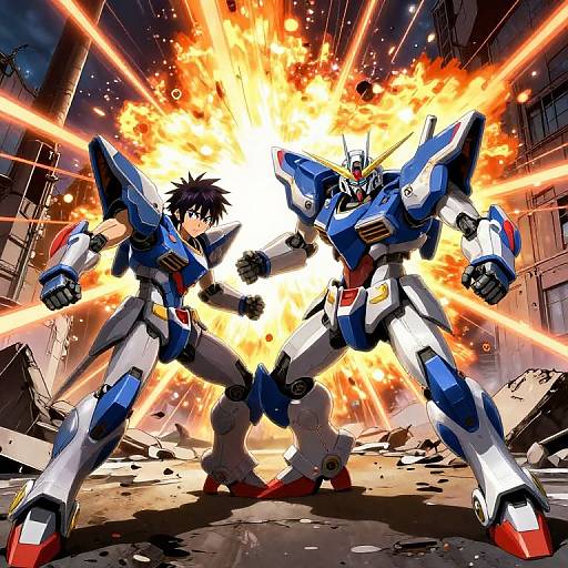 Dynamic anime-style digital artwork of two blue and white humanoid mechas with red accents, standing back-to-back in a dramatic explosion, in a ruined,