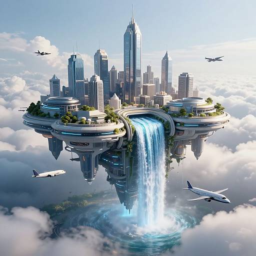 Digital art: Futuristic floating city with skyscrapers, waterfall, surrounded by clouds; three planes flying nearby; bright, clear sky.
