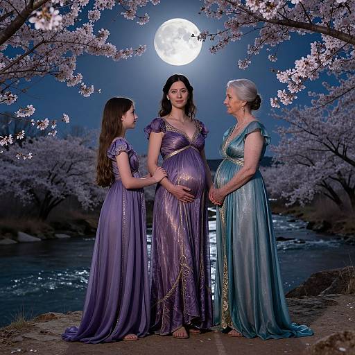 Photograph of three pregnant women in flowing, purple and blue gowns, standing under cherry blossoms, moonlit, next to a river.