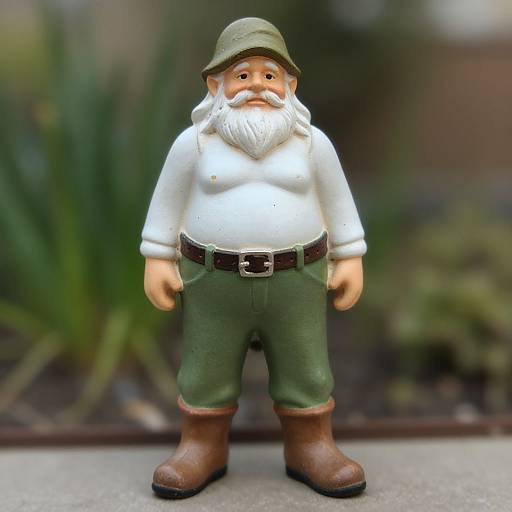 Photograph of a detailed garden gnome with a white shirt, green pants, brown boots, green hat, and white beard, standing on a concrete surface