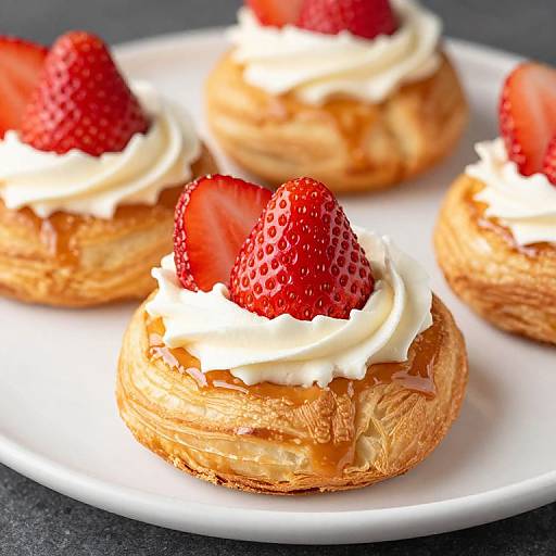 Photograph of four golden, flaky pastries topped with creamy white whipped cream and bright red strawberries on a white plate.