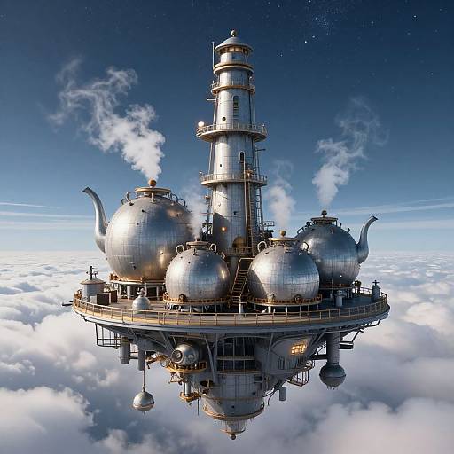 Photorealistic CGI of a silver, steampunk-style floating island with four spherical tanks, a central lighthouse, and teapot-shaped containers,