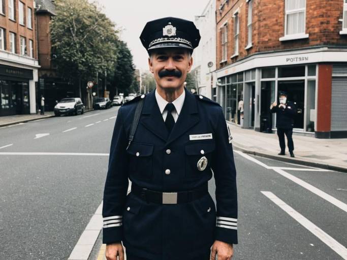 Man in Police Uniform Standing on Street