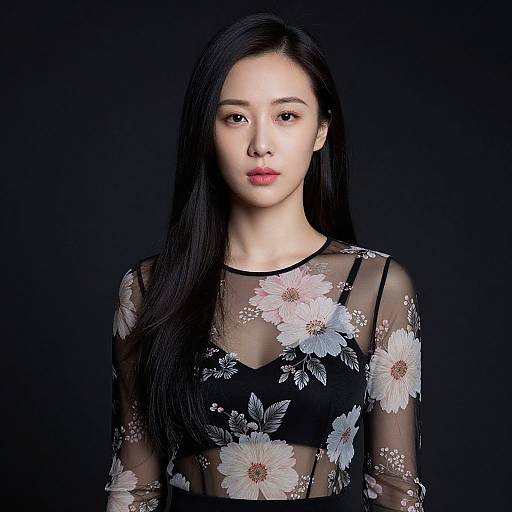 East Asian Woman in Sheer Floral Top