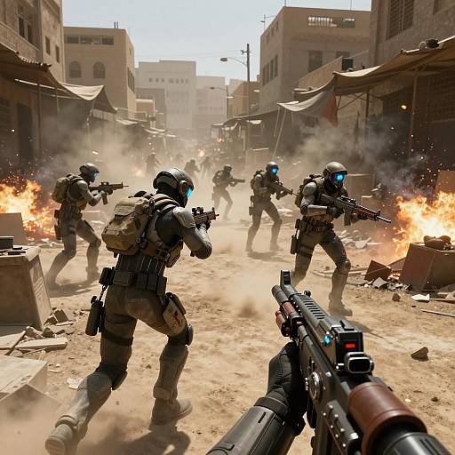 Futuristic Urban Siege in Middle Eastern Marketplace