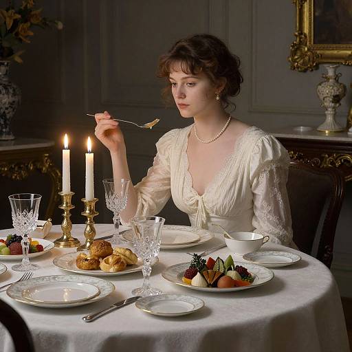 Photograph of a Victorian-style woman in white lace dress, pearl necklace, eating dessert at an elegant dining table with candles, crystal glasses, and a