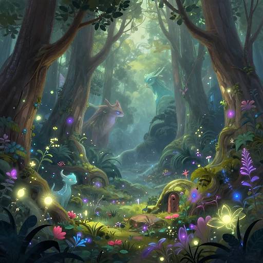 Digital fantasy artwork of a mystical forest with glowing flowers, bioluminescent fireflies, a hidden fairy door, and a wolf silhouette in the mist