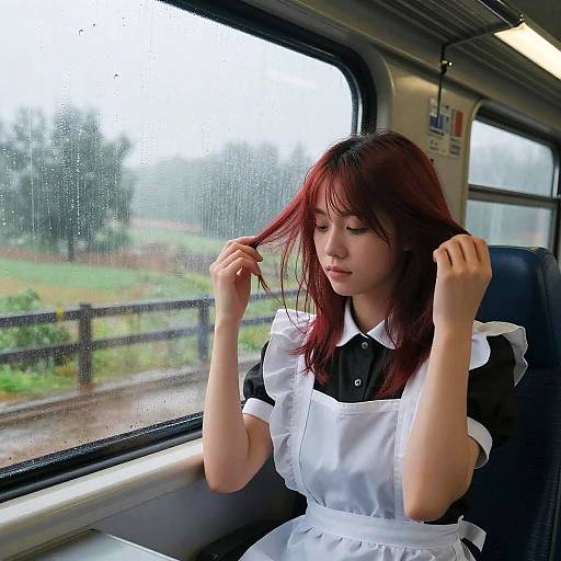 Calm Woman by Rainy Train Window