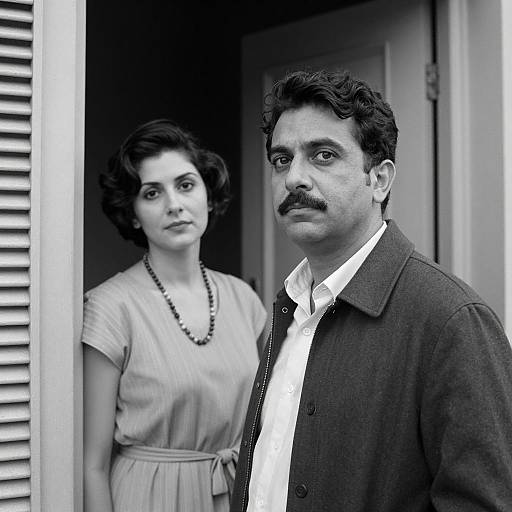 Monochrome Portrait of Two People in Doorway
