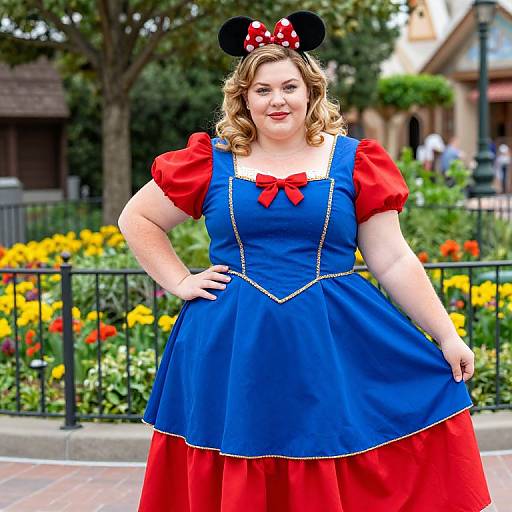 Photograph of a plus-size woman with curly blonde hair wearing a blue and red puffed-sleeve dress with Minnie Mouse ears, standing in