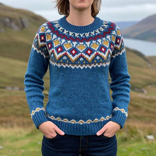 Photograph of a person with shoulder-length brown hair, wearing a blue knitted sweater with colorful geometric patterns, standing outdoors with hands in pockets, blurred