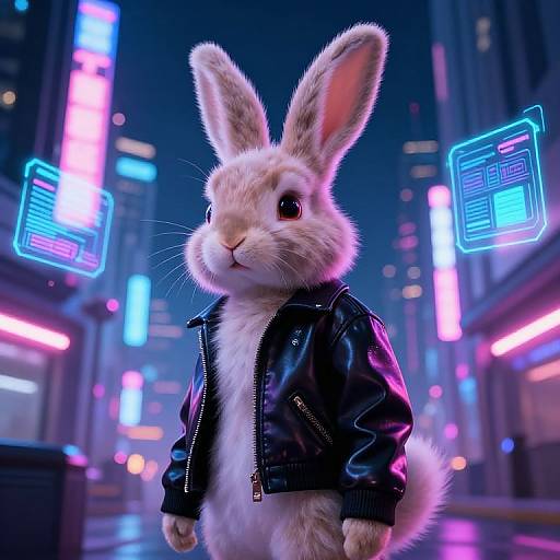 Digital artwork of a fluffy white rabbit in a black leather jacket, standing in a neon-lit, futuristic city street at night.