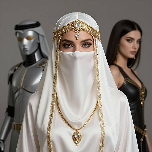 Photograph of a veiled woman in white with gold headpiece and necklace, flanked by a silver robot and a dark-haired woman in black,