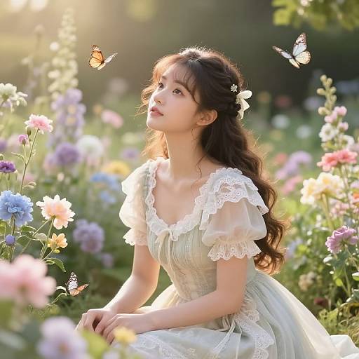 Photograph of an East Asian woman with long, wavy brown hair, wearing a white lace dress, sitting in a sunlit flower garden, surrounded