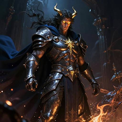 Digital artwork of a muscular, horned warrior in shiny black armor with a star emblem, standing in a dark, fiery, gothic cathedral.