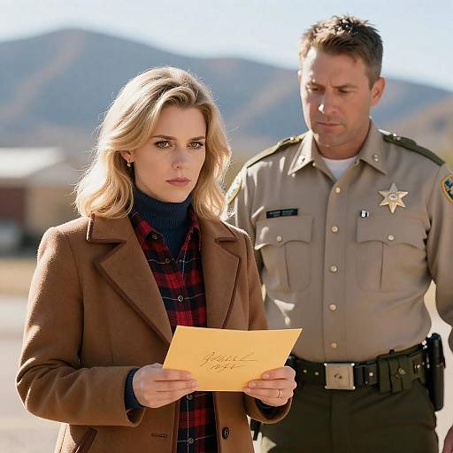 Woman and Sheriff Reviewing Document Outdoors
