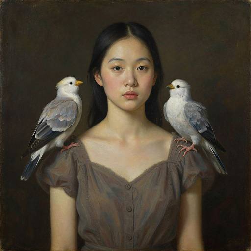 Photorealistic painting of an Asian woman with long black hair, wearing a brown dress, with two white birds perched on her shoulders against a dark
