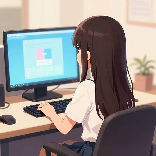 Digital anime drawing of a girl with long black hair, wearing a white shirt and black skirt, typing on a computer in a bright office.
