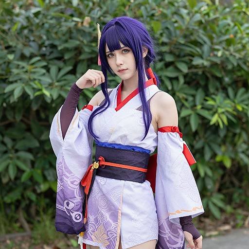 Photograph of a young woman cosplaying as a Japanese anime character, with long blue hair, white kimono, red and black accents, and leaf