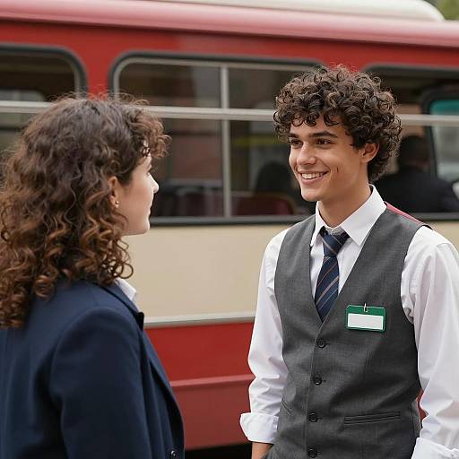 Couple Smiling by a Vintage Bus