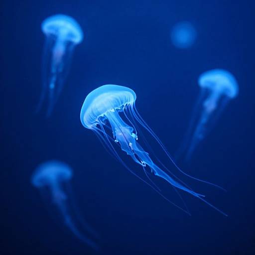 Photograph of glowing blue jellyfish with translucent bodies and flowing tentacles, floating gracefully against a dark blue underwater background.