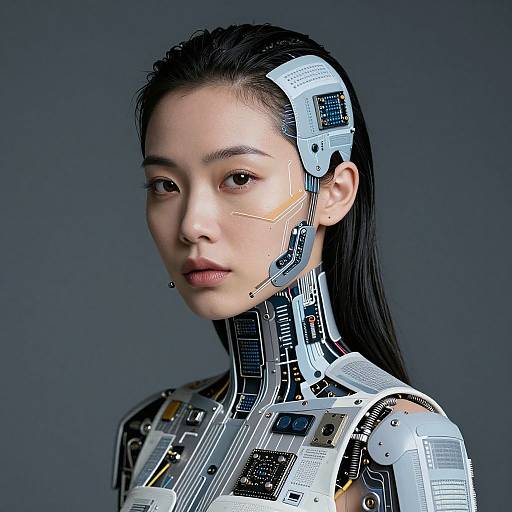 Photorealistic CGI of an East Asian woman with long black hair, wearing a cybernetic suit integrating circuit boards and wires on her neck and head