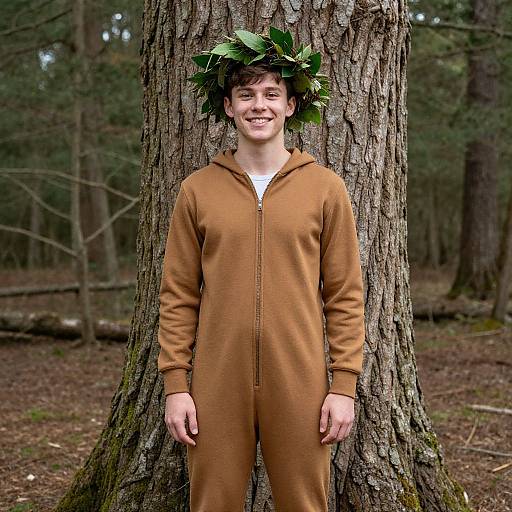 Photograph of a smiling teenage boy in a brown onesie, wearing a leafy crown, standing against a tree in a forest.
