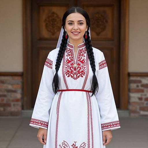 Photograph of a smiling woman with long black braids wearing a white traditional dress with red embroidery, standing in front of a wooden door with brick accents
