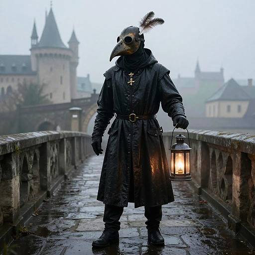 Plague Doctor on Misty Medieval Bridge