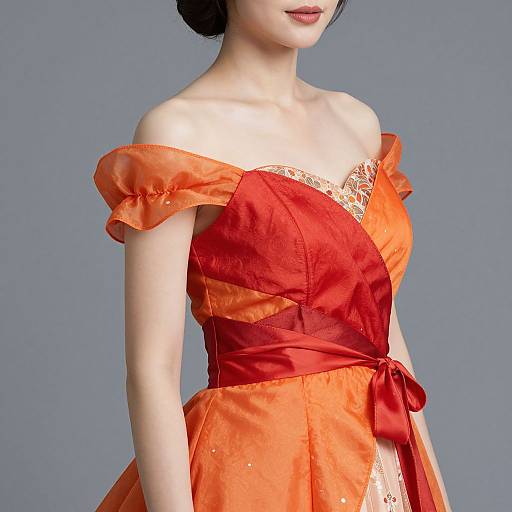 Photograph of an Asian woman in an off-shoulder, vibrant orange satin dress with red sash and lace trim, against a plain gray background