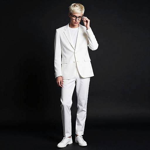 Photograph of a slim, blonde man in a sleek white suit, black-framed glasses, and white sneakers, standing against a solid black background.